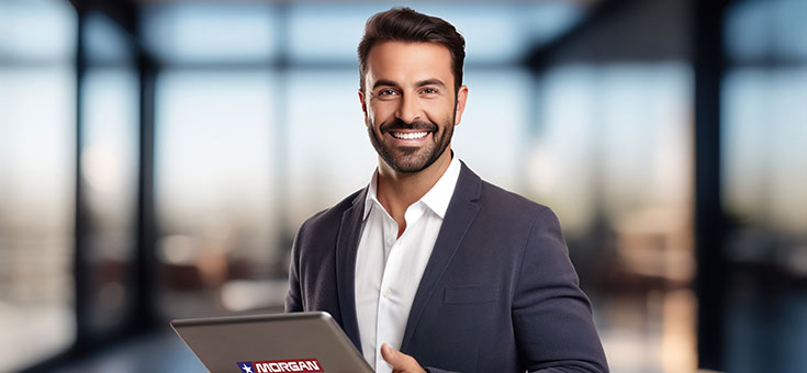 Morgan sales representative smiles while holding a tablet computer.